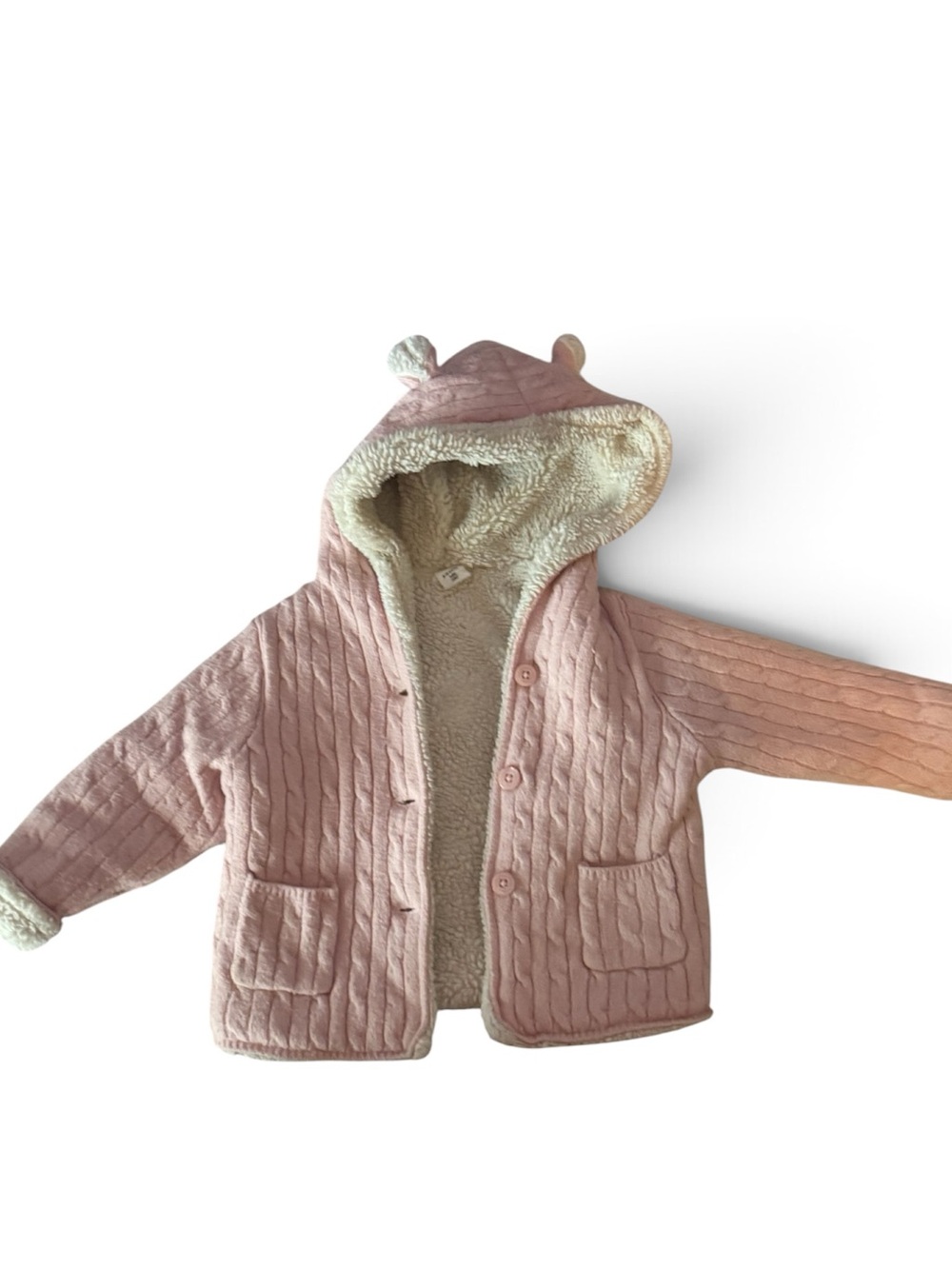 Pink Baby Sherpa-Lined Cable-Knit Bear Cardigan